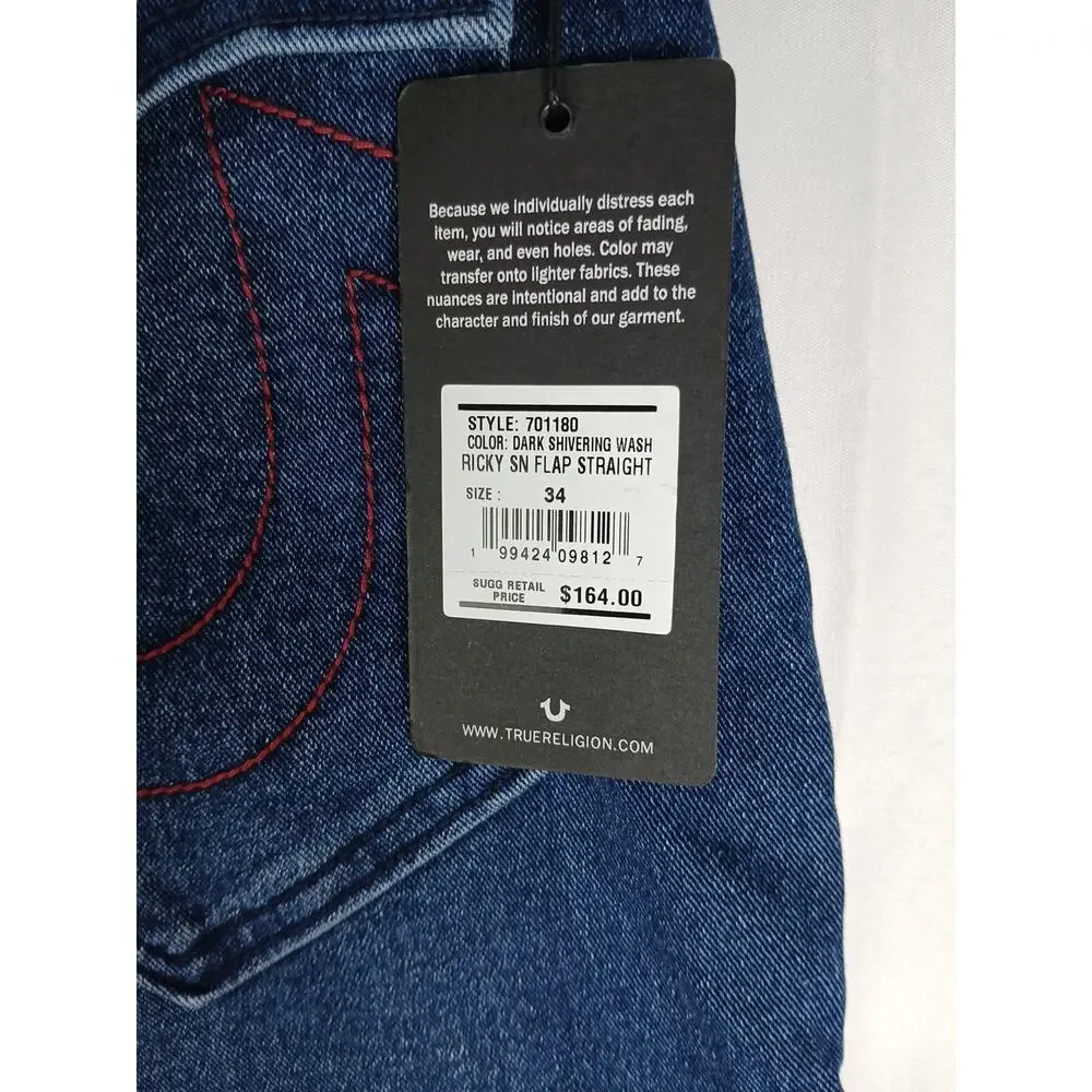 True Religion Blue Jeans Ricky SN Flap Straight Men's US Size 34 New With Tags